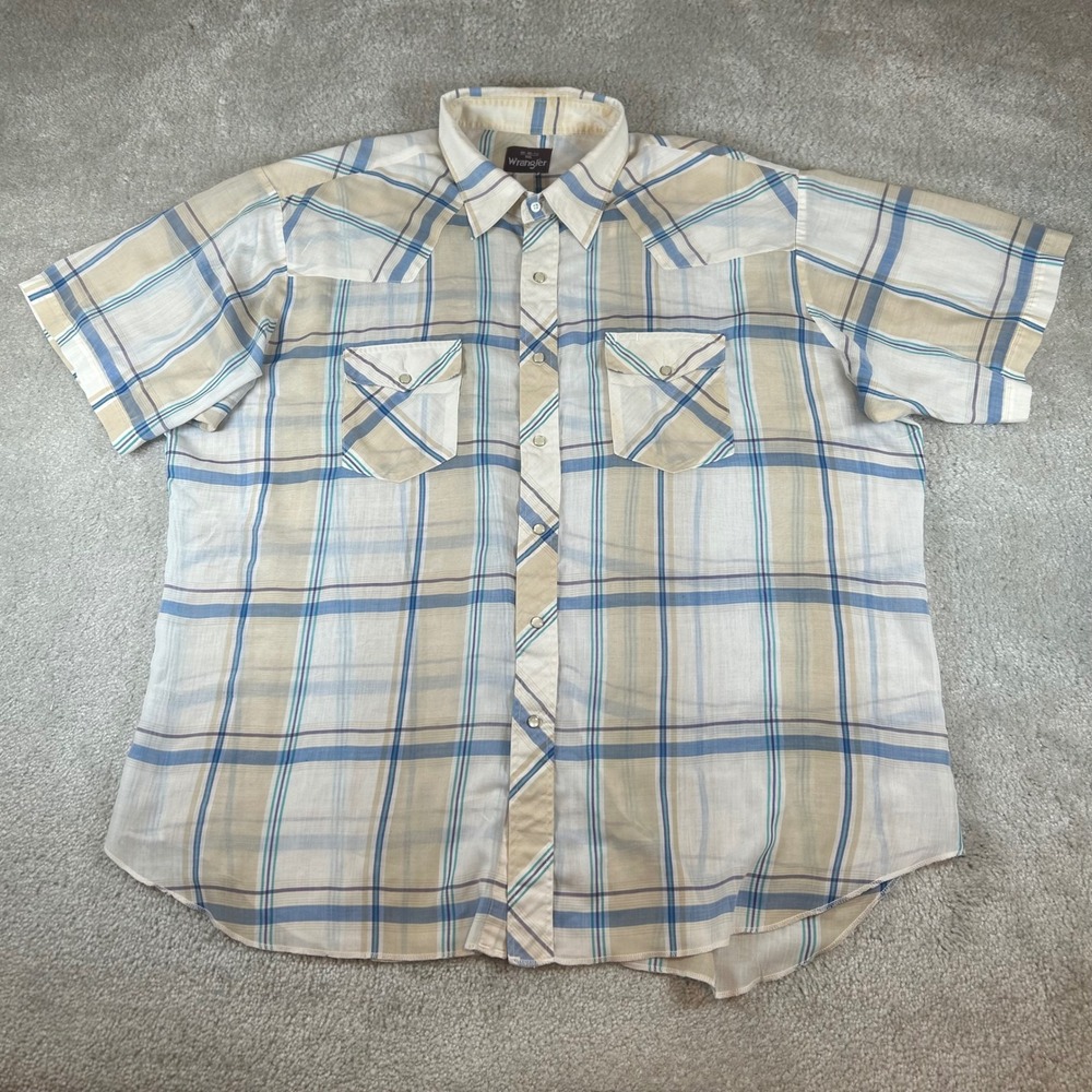 VTG Wrangler Western Shirt Mens XXL Tan Blue Plaid Pearl Snap Short Sleeve Yoke
